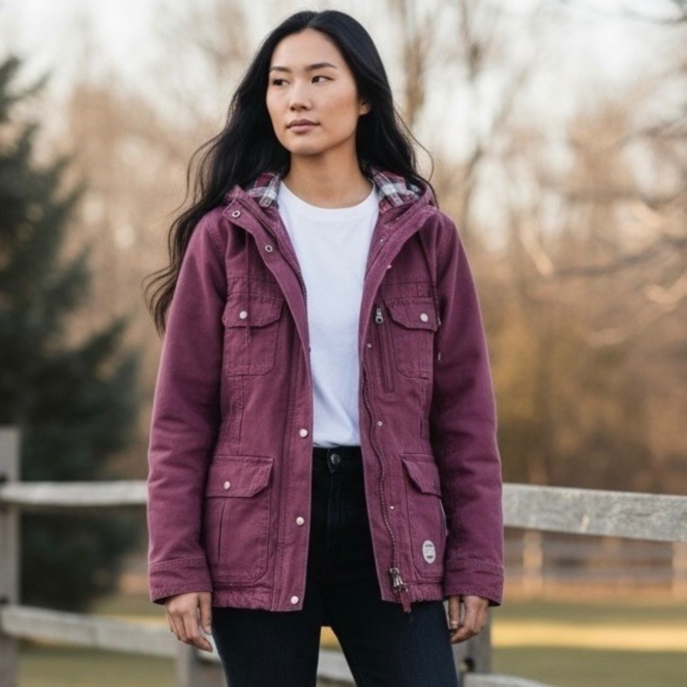 Berne Workwear Womens Plum Washed Barn Hooded Coat Jacket Sz L Flannel Lined NWT